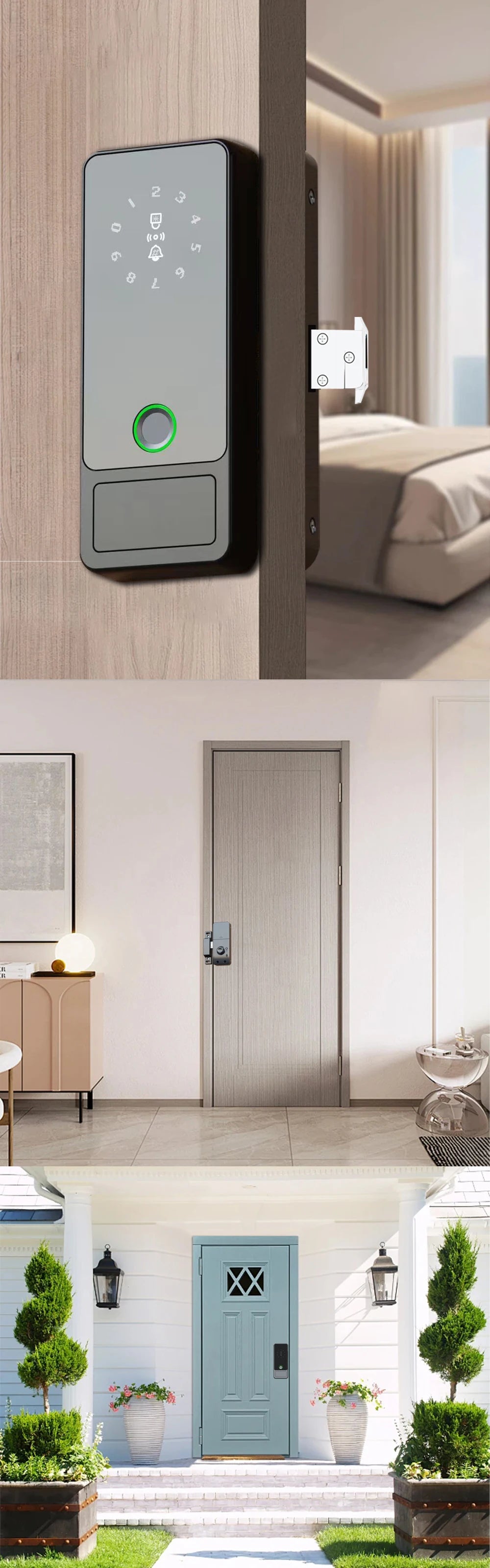 Smart Lock device is shown on various door places
